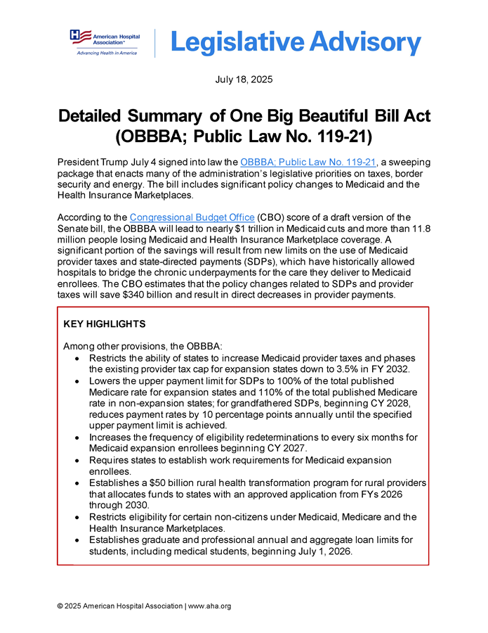 Legislative Advisory: Detailed Summary of One Big Beautiful Bill Act (OBBBA; Public Law No. 119-21) page 1.