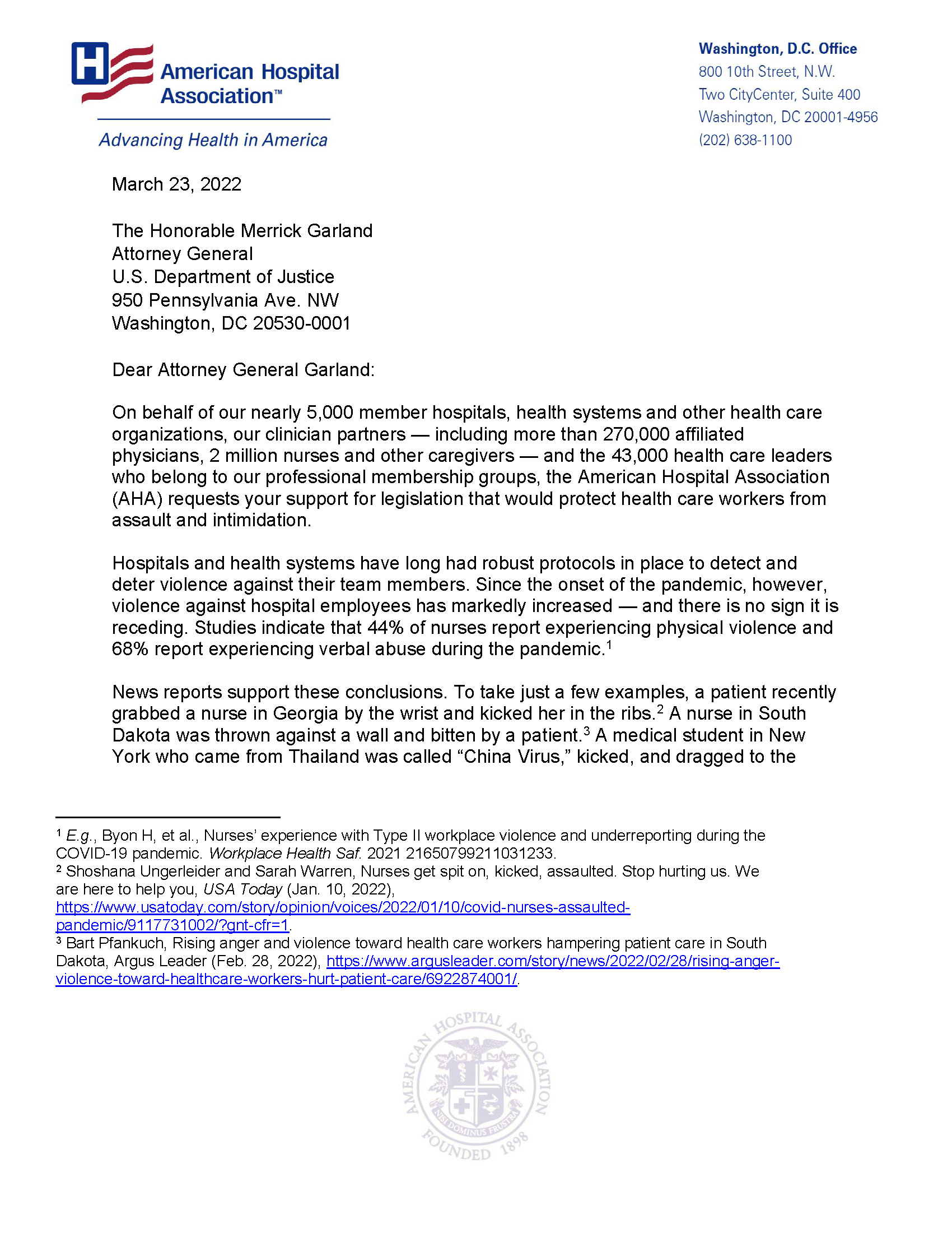Page 1 of AHA Letter to Attorney General Merrick Garland on Workforce Violence.