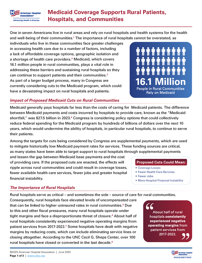 Medicaid Coverage Supports Rural Patients, Hospitals, and Communities fact sheet page 1.