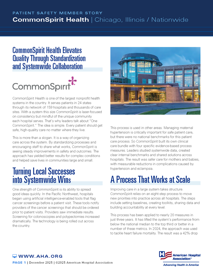 Patient Safety Member Story: CommonSpirit Health | Chicago, Illinois / Nationwide case study page 1.
