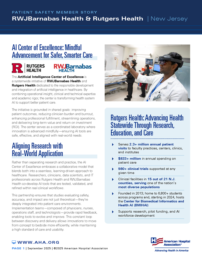 RWJBarnabas Health & Rutgers Health | New Jersey: AI Center of Excellence: Mindful Advancement for Safer, Smarter Care page 1.