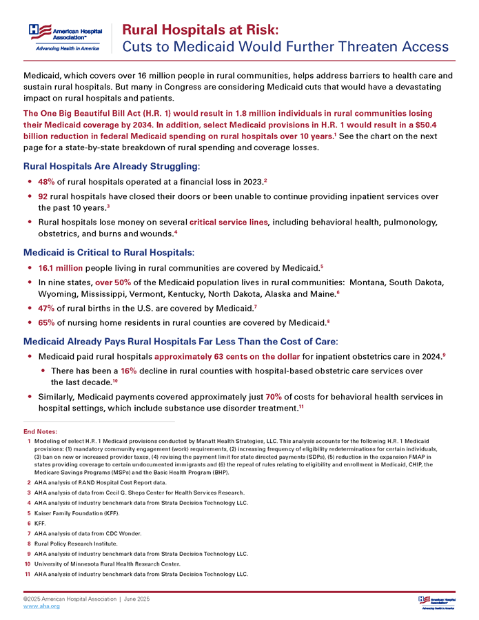 Rural Hospitals at Risk: Cuts to Medicaid Would Further Threaten Access fact sheet page 1.