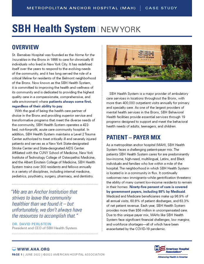 SBH Health System, New York: Metropolitan Anchor Hospital (MAH) case study page 1.