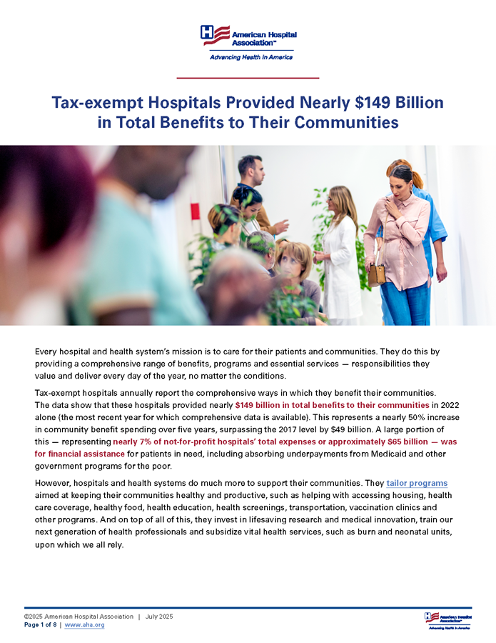 Tax-exempt Hospitals Provided Nearly $149 Billion in Total Benefits to Their Communities report page 1.