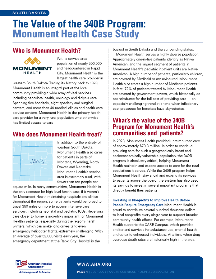 The Value of the 340B Program: Monument Health Case Study page 1.