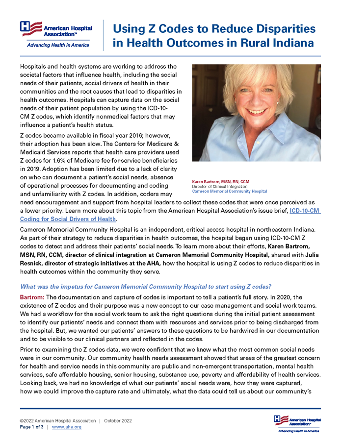 Using Z Codes to Reduce Disparities in Health Outcomes in Rural Indiana page 1.