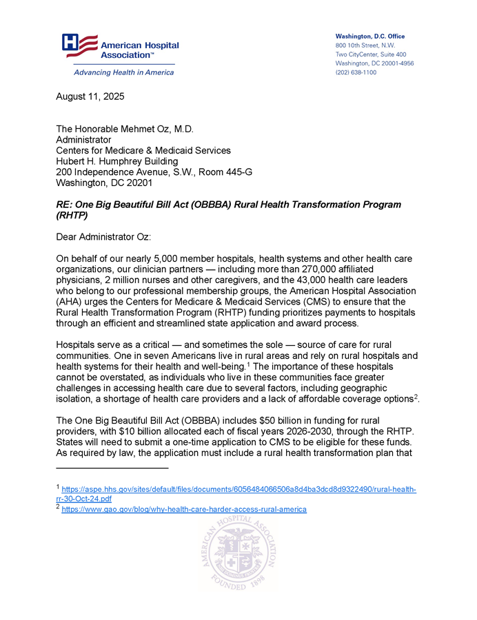 AHA Letter to CMS on the Rural Health Transformation Program page 1.