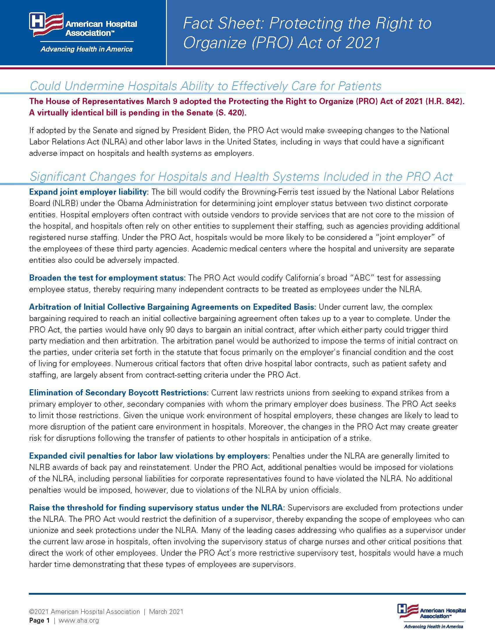 Fact Sheet: Protecting the Right to Organize (PRO) Act of 2021 page 1