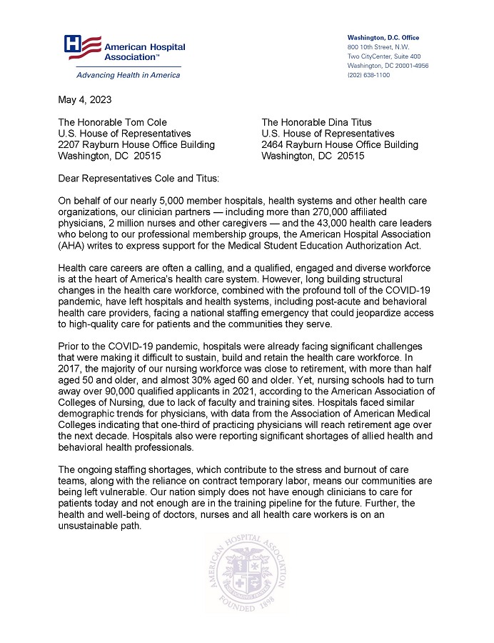 AHA Letter to House in Support of Medical Student Education Authorization Act page 1.