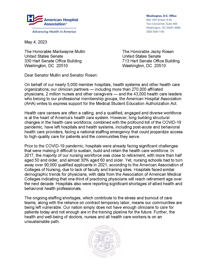 AHA Letter to Senate in Support of Medical Student Education Authorization Act page 1.