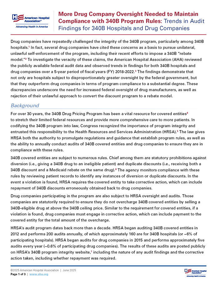 More Drug Company Oversight Needed to Maintain Compliance with 340B Program Rules: Trends in Audit Findings for 340B Hospitals and Drug Companies page 1.