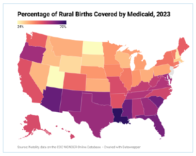 Percentage of Rural Births Covered by Medicaid, 2023, by state. Source: Natality data on the CDC WONDER Online Database. Created with Datawrapper.