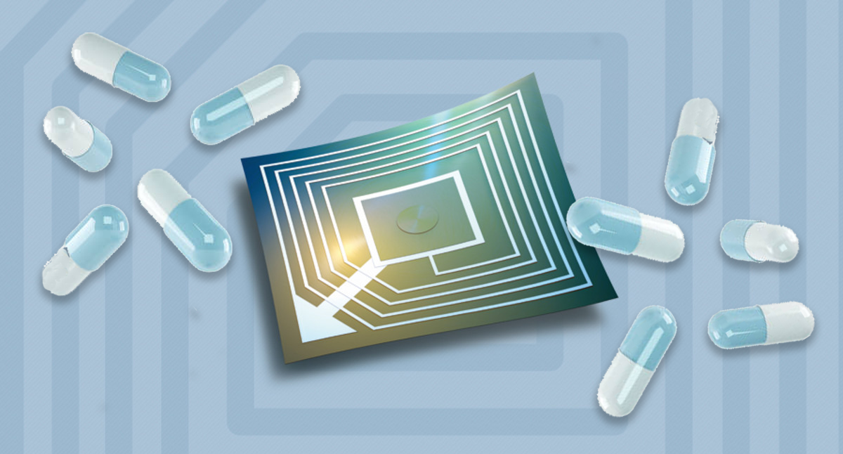RFID Solutions Attract Attention for Medication Inventory Management. A radio frequency identification (RFID) system tag surround by drug capsules.