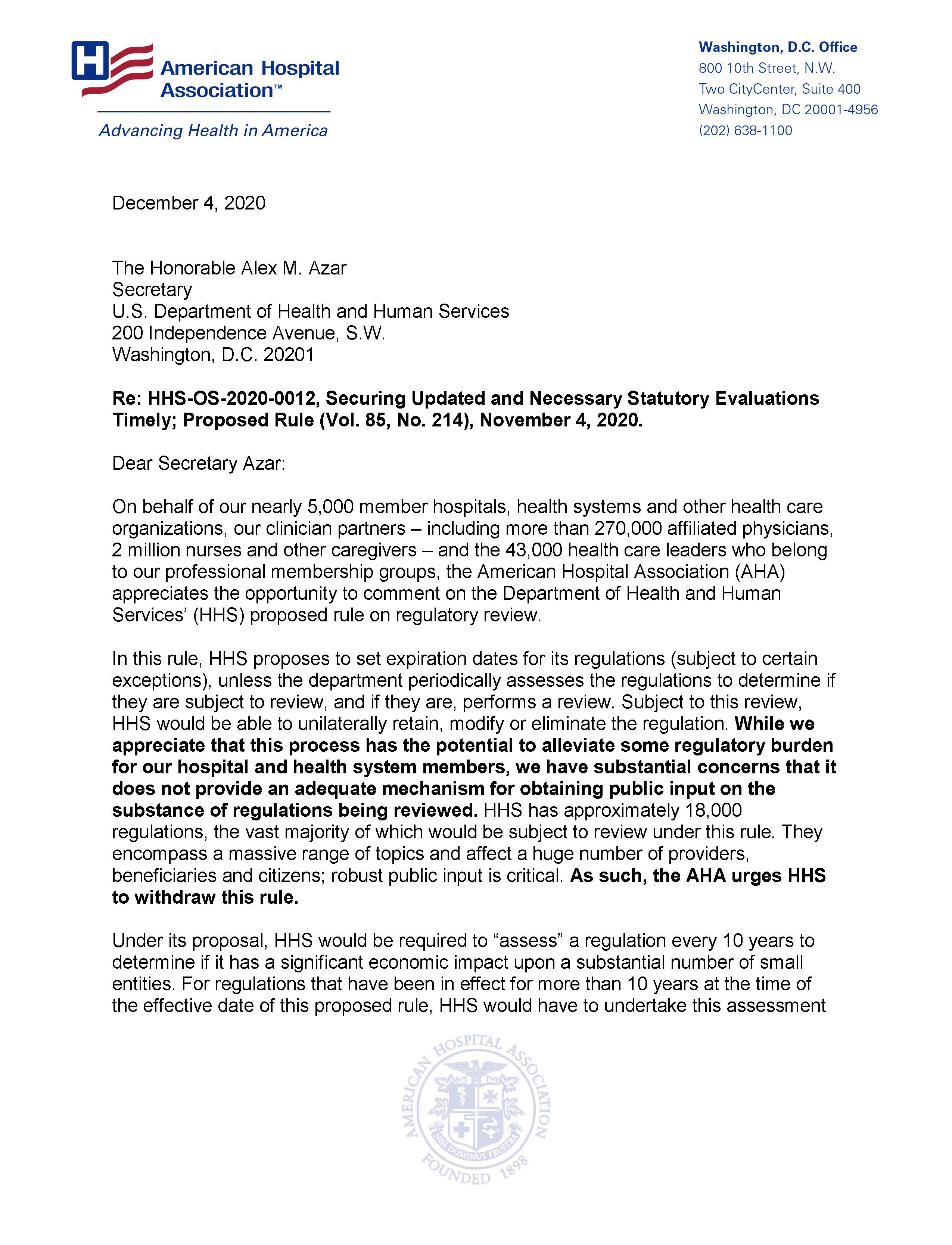 Comments on HHS Proposal to Sunset the Regulatory Review Schedule page 1