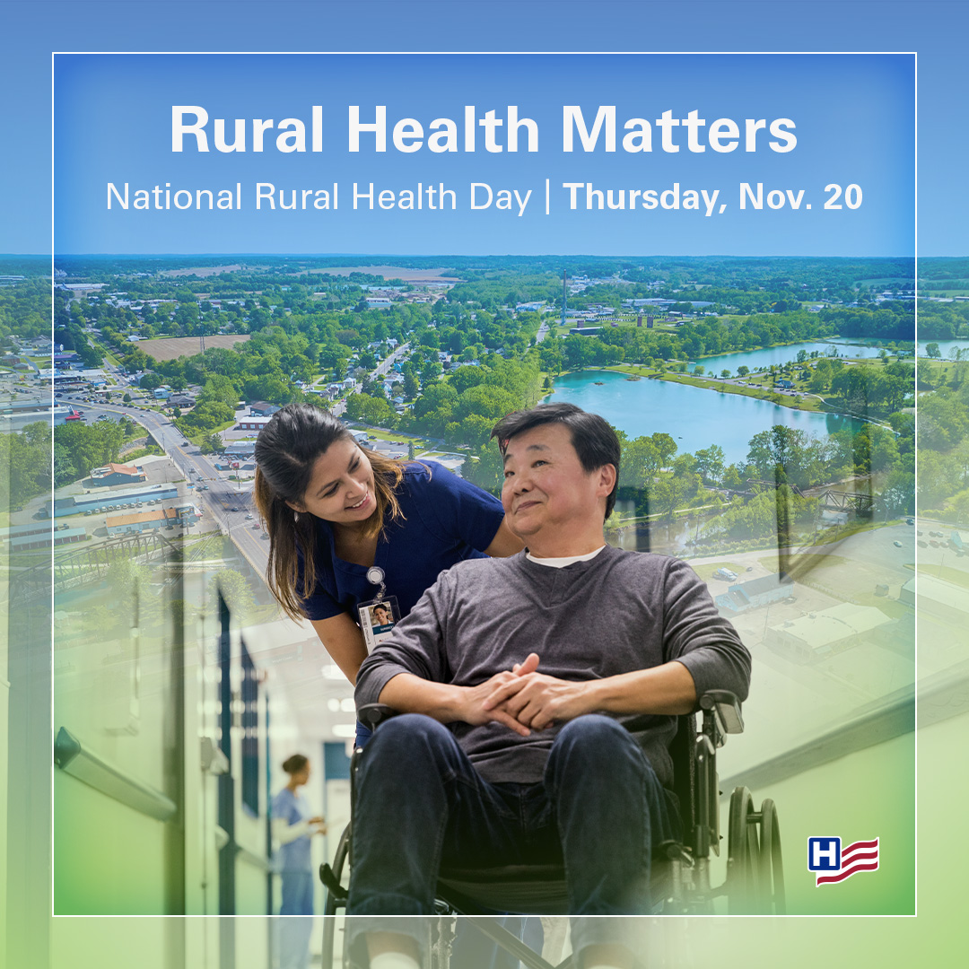 Rural Health Matters. National Rural Health Day. Thursday, November 20, 2025. A clinician assists a patient in a wheelchair against a rural scene in the background.