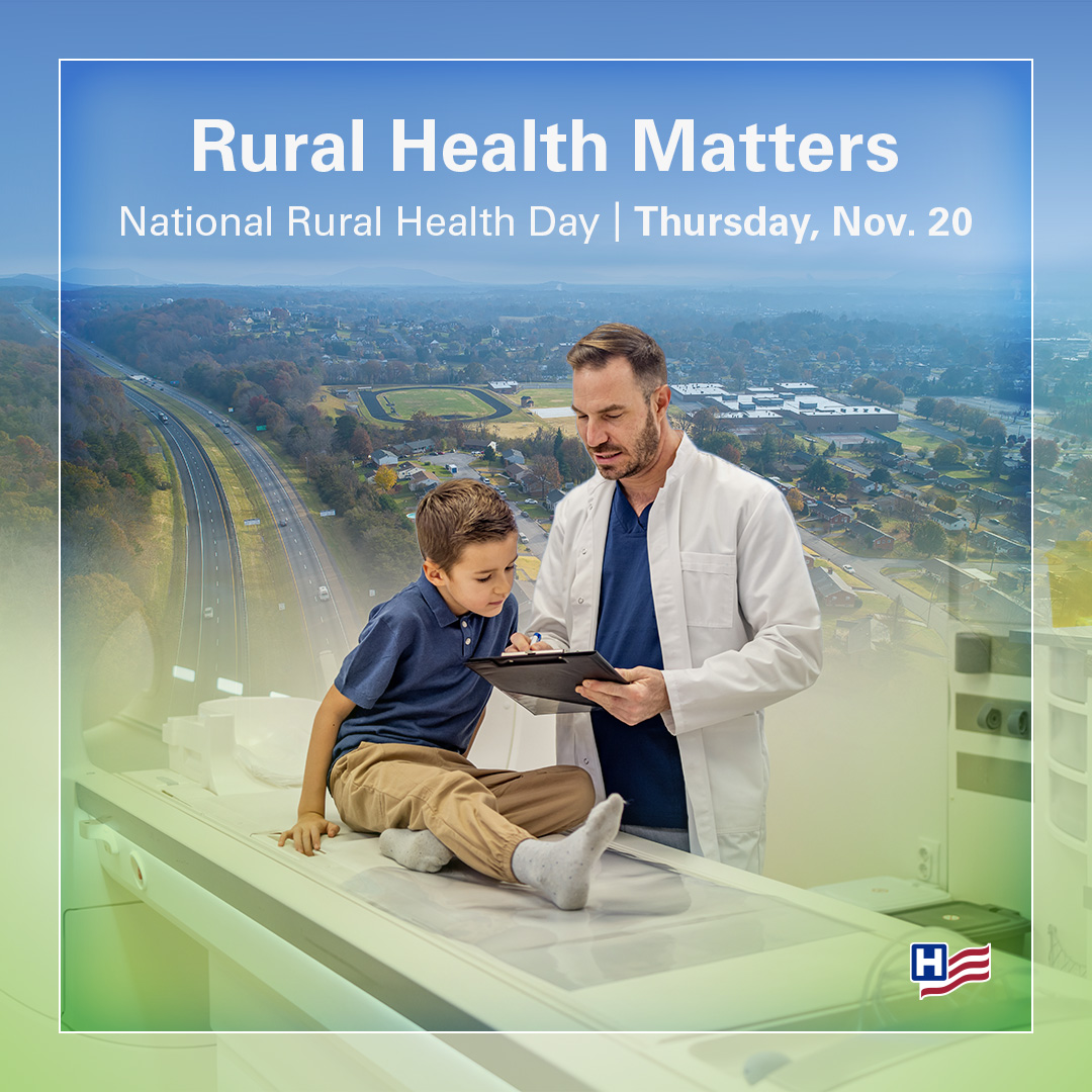 Rural Health Matters. National Rural Health Day. Thursday, November 20, 2025. A pediatric patient on an examination table looks at a table while a clinician explains test results against a rural scene in the background.