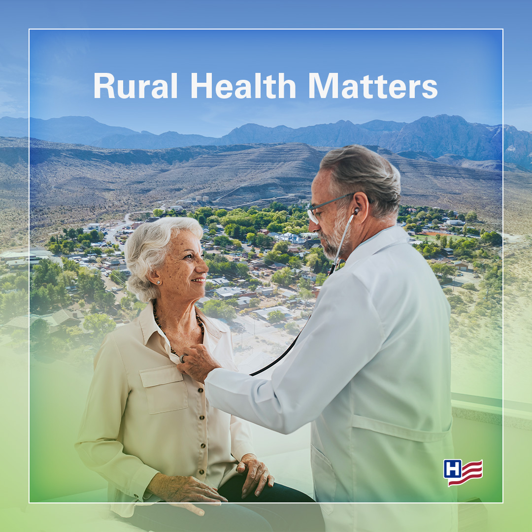 Rural Health Matters. National Rural Health Day. Thursday, November 20, 2025. A senior patient is examined by a clinician with a stethoscope against a background of a rural scene.