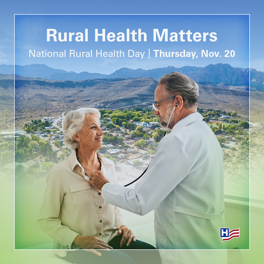 Rural Health Matters. National Rural Health Day. Thursday, November 20, 2025. A senior patient is examined by a clinician with a stethoscope against a background of a rural scene.