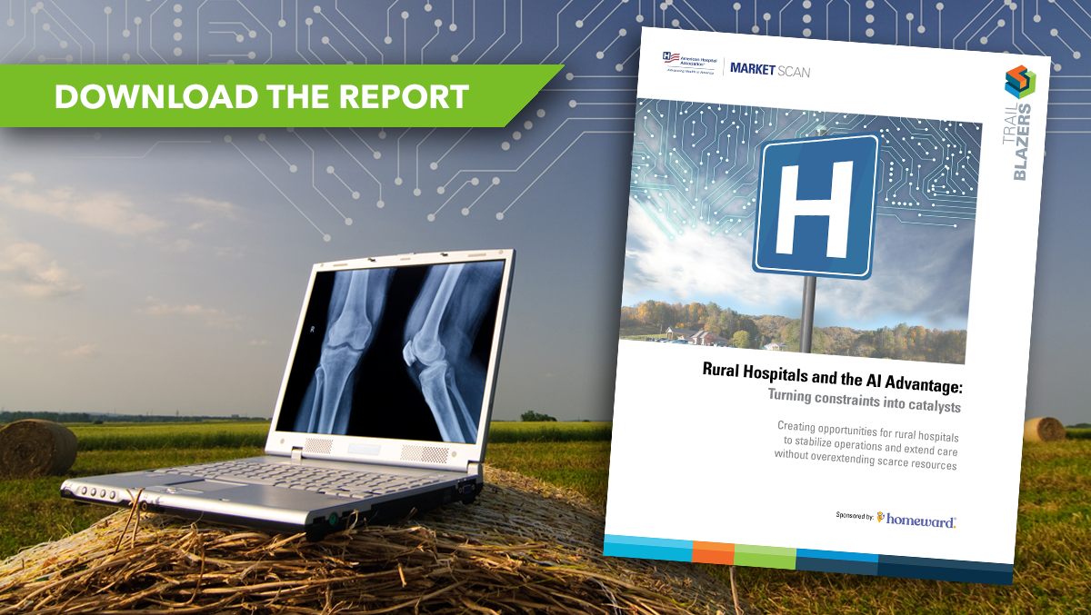 Rural Hospitals and the AI Advantage: Turning Constraints into Catalysts. A laptop on a hay mound in a rural field. The Trailblazers report Rural Hospitals and the AI Advantage: Turning Constraints into Catalysts. Download the report.