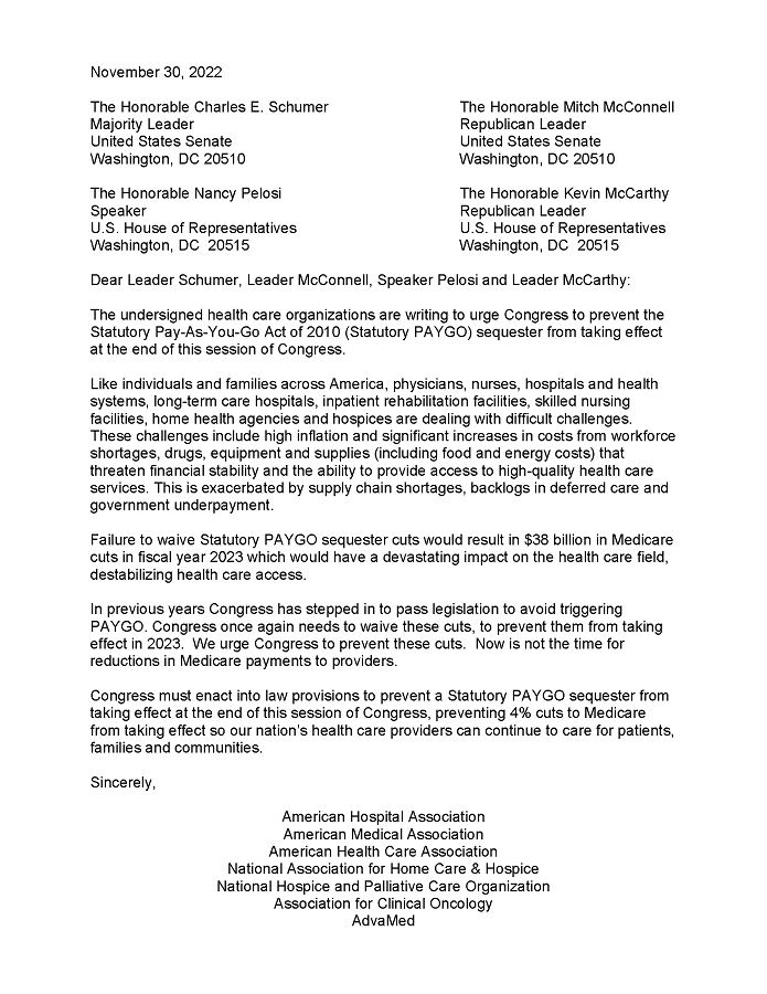 AHA, Others Urge Congress to Prevent the Statutory PAYGO Sequester from Taking Effect letter.