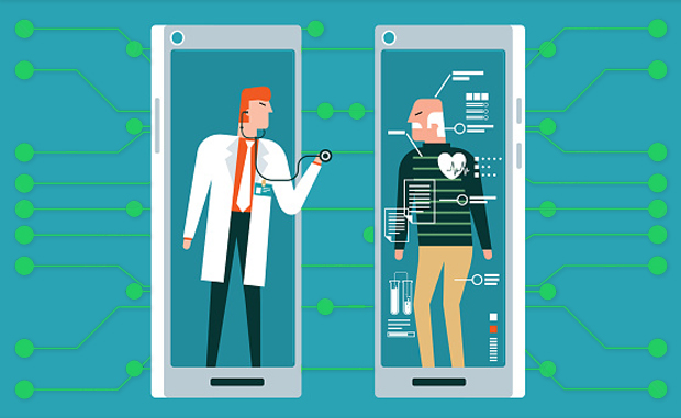 Systems Forge Partnerships to Expand Remote Patient Monitoring Programs. A clinician on the screen of one mobile phone examines an elderly patient on the screen of another mobile phone. The patient also has vital signs displayed on his mobile phone screen.