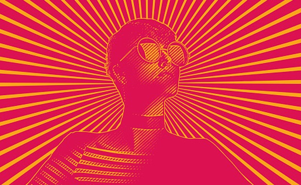 The One Innovation Question Leaders Need to Focus on Now. A person with large round glasses looks into the distance in front of a red and orange sunburst.