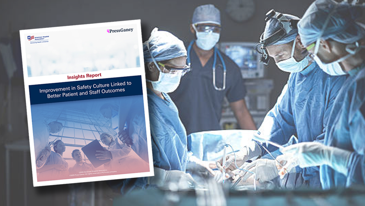 Top 4 Takeaways from New AHA Safety Insights Report. The cover of the AHA "Insights Report: Improvement in the Safety Culture Linked to Better Patient and Staff Outcomes" overlayed on an image of a surgery being performed by four clinicians.