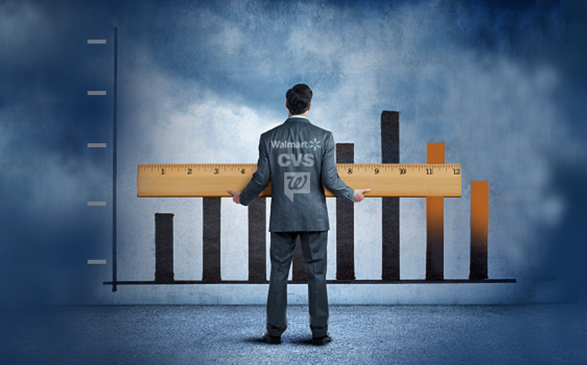 Walgreens, CVS and Walmart Scale Back on Health Care amid Financial Strain. A business man with Walmart, CVS, and Walgreens logos on the back of his suitcoat and holding a giant ruler faces a bar graph showing a downward trend.