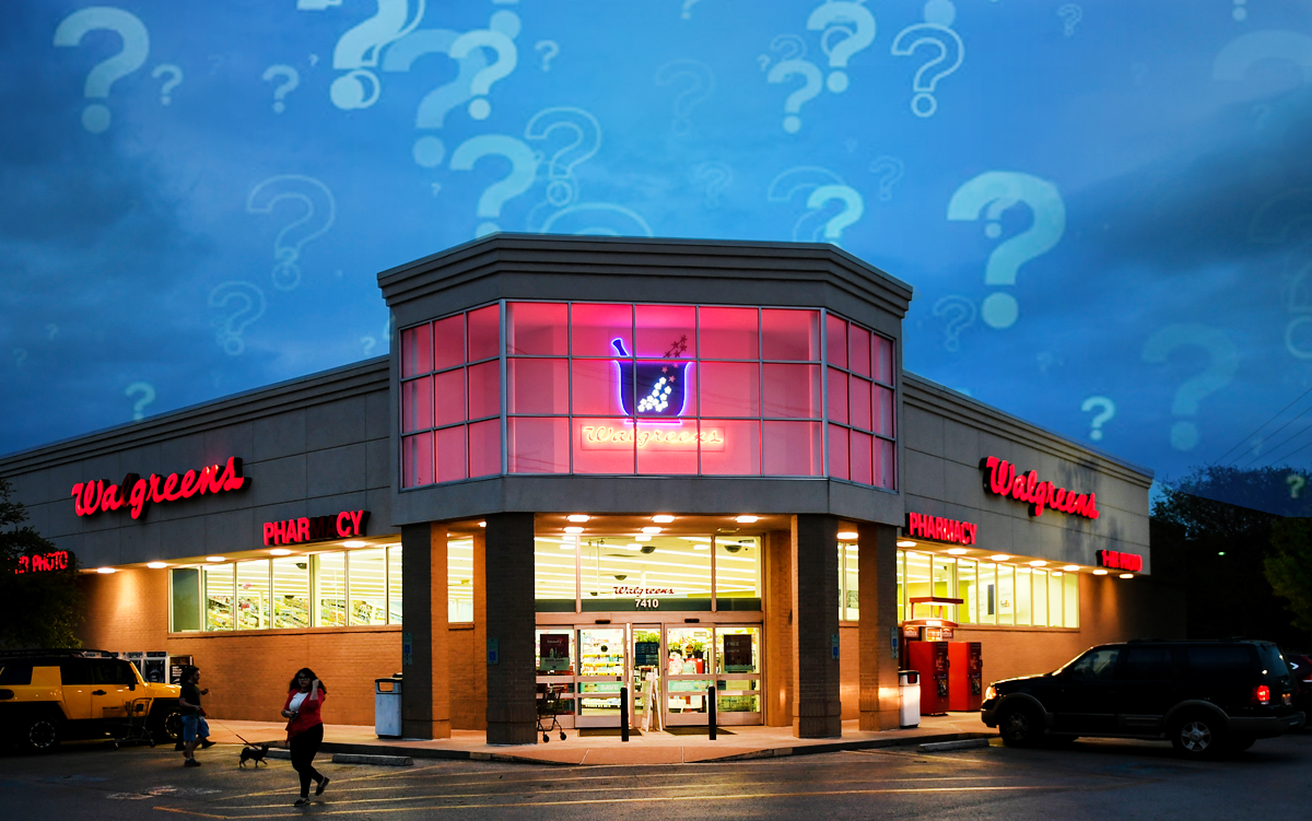 Walgreens Faces 4 Questions on Its Future in Health Care. A Walgreens storefront lit up at night with question marks floating above it.