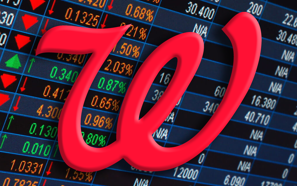 Walgreens’ Move to Go Private: 4 Key Takeaways. A Walgreens logo in front of a stock market prices board.