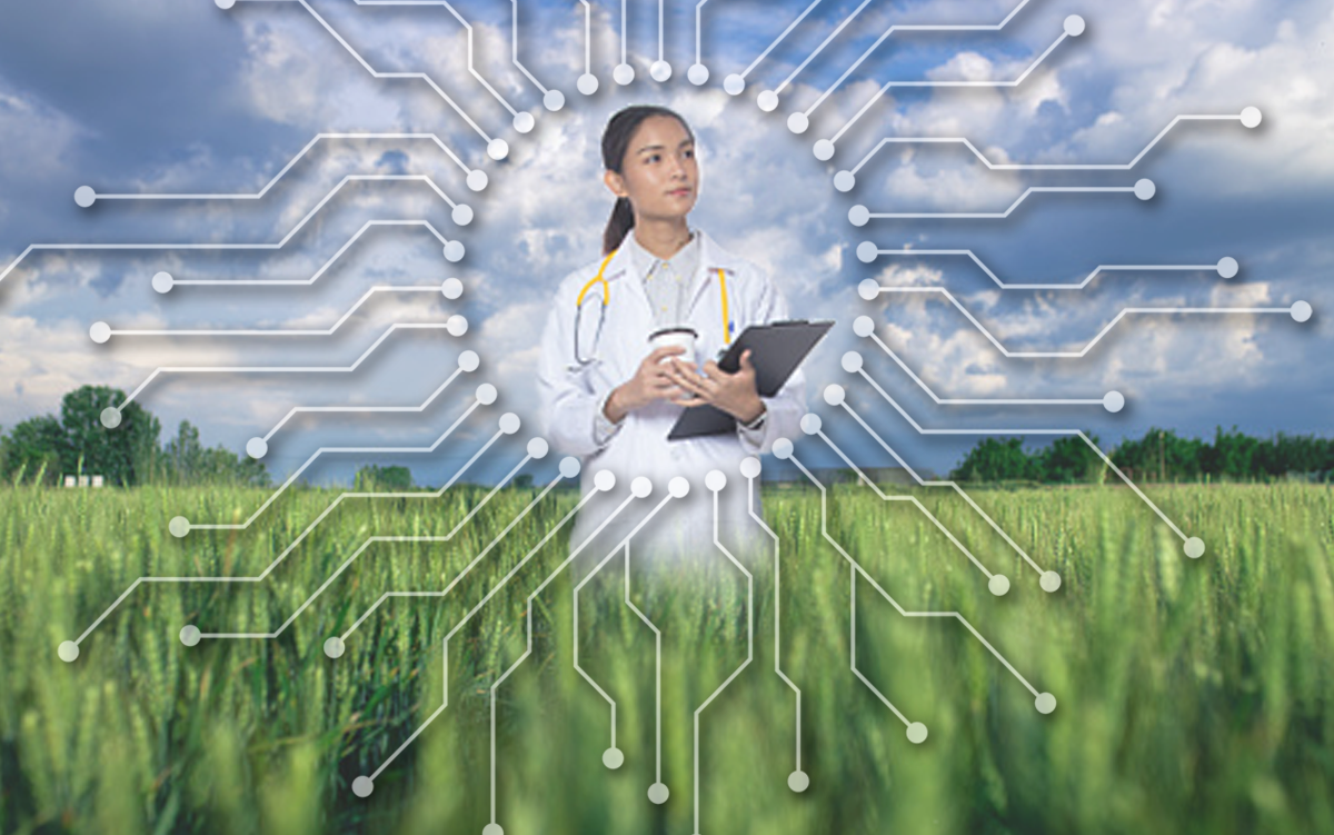 Why Rural Hospitals May Have Some Advantages to Drive Tech Innovation. A clinician with a stethoscope around her neck, wearing a white lab coat and holding a clipboard stands in a rural field of grain. Around her is a mandala of AI circuits.