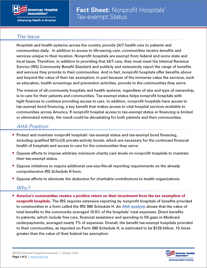 Fact Sheet: Nonprofit Hospitals’ Tax-exempt Status page 1.