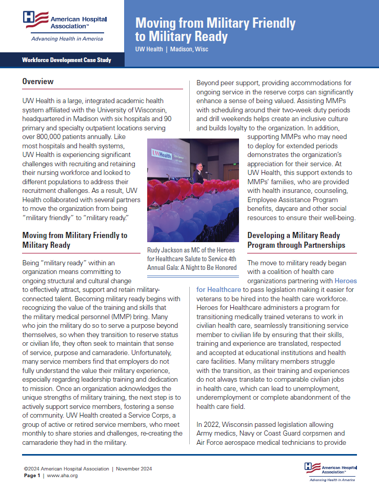 Workforce Development Case Study: Moving from Military Friendly to Military Ready. UW Health | Madison, Wisconsin.