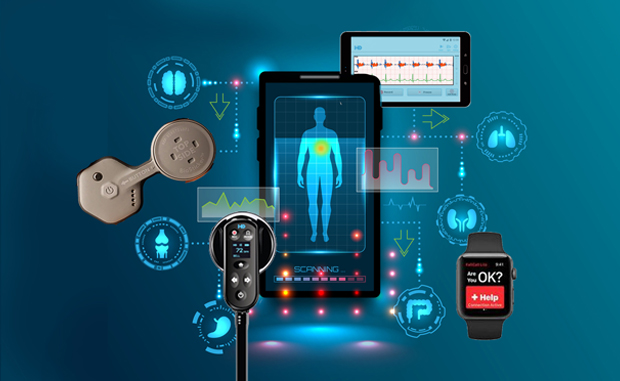 A New Era Begins in Connected Health at Home. A smart phone surrounded by the BioIntelliSense BioSticker, HealthyU remote sensor, Themis smart mirror, and FallCall Detect app.