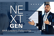 5 Key Competencies for Emerging Health Care Leaders. A healthcare leader in a business suit presenting information to an audience. Next Gen AHA Leaders Fellowship.
