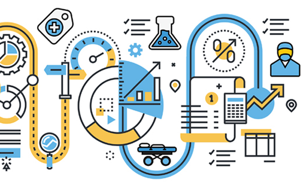 4 Keys to Becoming a Data-Driven Organization. A graphic showing a data-driven path through the health care system of care.