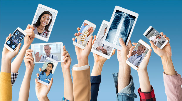 Telehealth Use Surges in Rapidly Changing Market hands holding mobile devices with telehealth apps visible