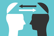 Provider and Payer Joint Venture to Advance Value-Based Care. A white head with the top of the head slipped up faces a black head with the top of the headed flipped up with a white arrow going from the top of the white head to the top of the black head and a black arrow from the top of the black heading to to the top of the white head as the two people exchange information.
