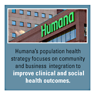 Humana logo on a health care facility. Humana's population health strategy focuses on community and business integration to improve clinical and social health outcomes.