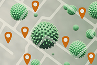 New COVID-19 Early-Warning System Will Debut in July. A digital street map map with pins identifying certain locations and COVID-19 cells identifying sources of infection.