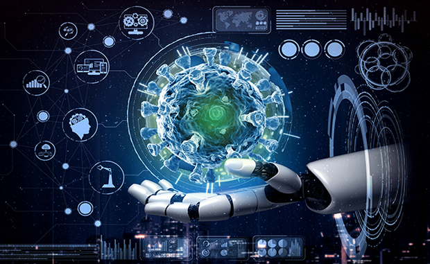 AHA Market Scan Will Machine Learning Help Health Care and Policymakers Solve the Pandemic? A robotic hand holds a virtual coronavirus cell with a digital dashboard displaying.