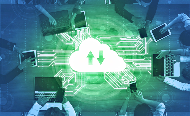 Data Pools Get Deeper as AWS, Truveta Help Health Care Mine Insights. A visualization of the AWS cloud surrounded by mobile phones, tablets, and laptop computers uploading and downloading data to it.