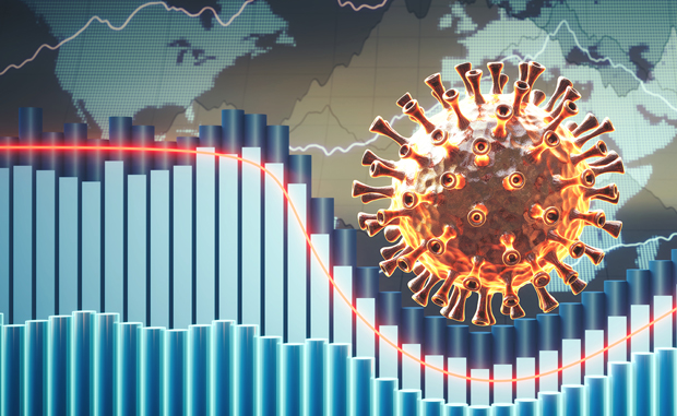 Health Care Faces Financial Challenges During the Pandemic. A coronavirus cell overlaid on a map of the United States and a graph of cases.