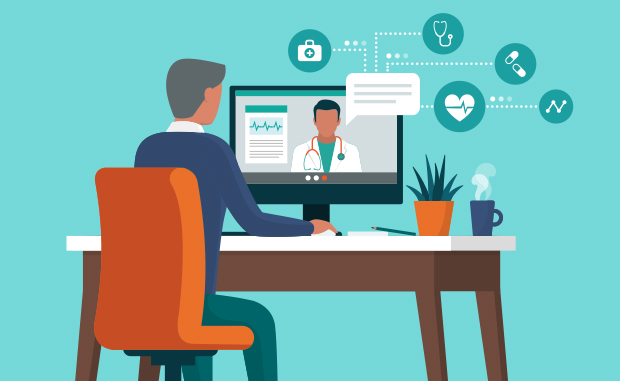 Virtual Care’s Post-COVID-19 Future Comes into Focus. A person sits and a desk and talks with a doctor on his computer screen through a telehealth app.