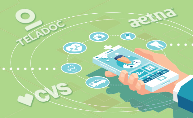 3 Things We Learned from the HIMSS Global Conference. CVS, Teladoc, and Aetna logos around a hand holding a mobile phone with a telehealth app on the screen.