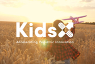 Children’s Hospitals, Startups to Create Digital Solutions to Transform Care. KidsX Accelerator website image of a child running through a golden wheat field with an airplane in his hand and KidsX Accelerator logo.