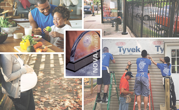 Collaboration Drives Community Health Improvements. Photo collage include the AHA Dick Davidson NOVA Award and photos from winners Baltimore City Hospitals, Carilion Clinic, Hackensack Meridian School of Medicine, and Memorial Healthcare System.