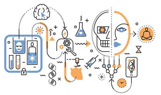 AHA Market Scan AHA Market Scan Forecast Calls for Extension of Healthy Years stock. Graphic image of the process of using technology to extend the life of patients.