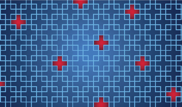 AHA Market Scan Removing Health Care Inefficiencies One Link at a Time. Blue background with line pattern in which some areas have ed crosses highlighted.