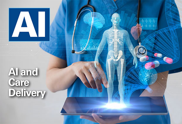 AHA Market Scan Assessing AI’s Potential for Care Delivery. Image of a physician using a table to access a patient's medical scans and tests, prescriptions, and vital signs.
